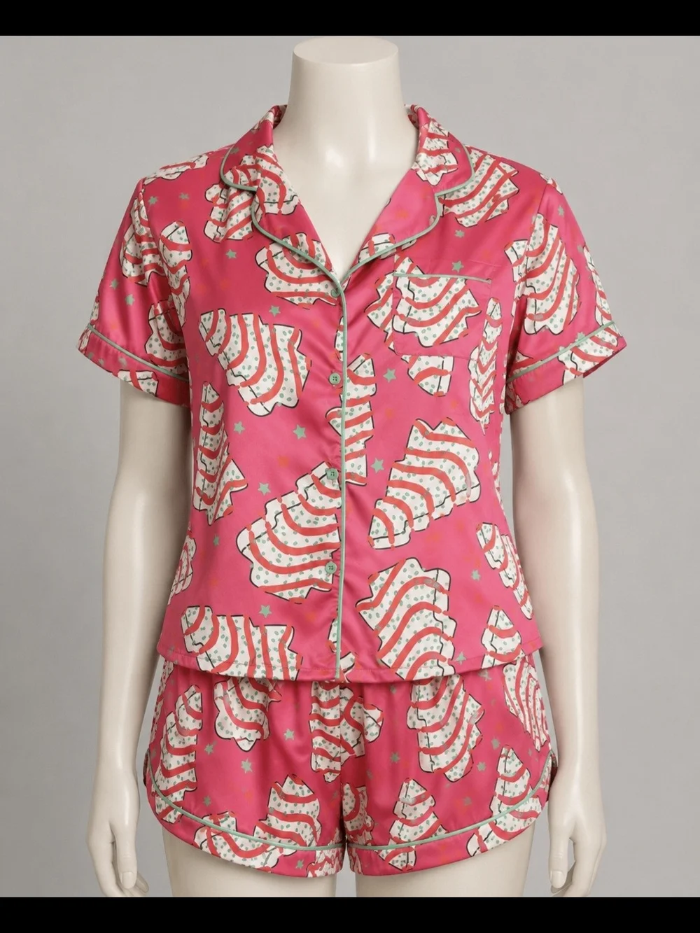 Women's Bright Pink Short Pajama Set Featuring Christmas Tree Cakes